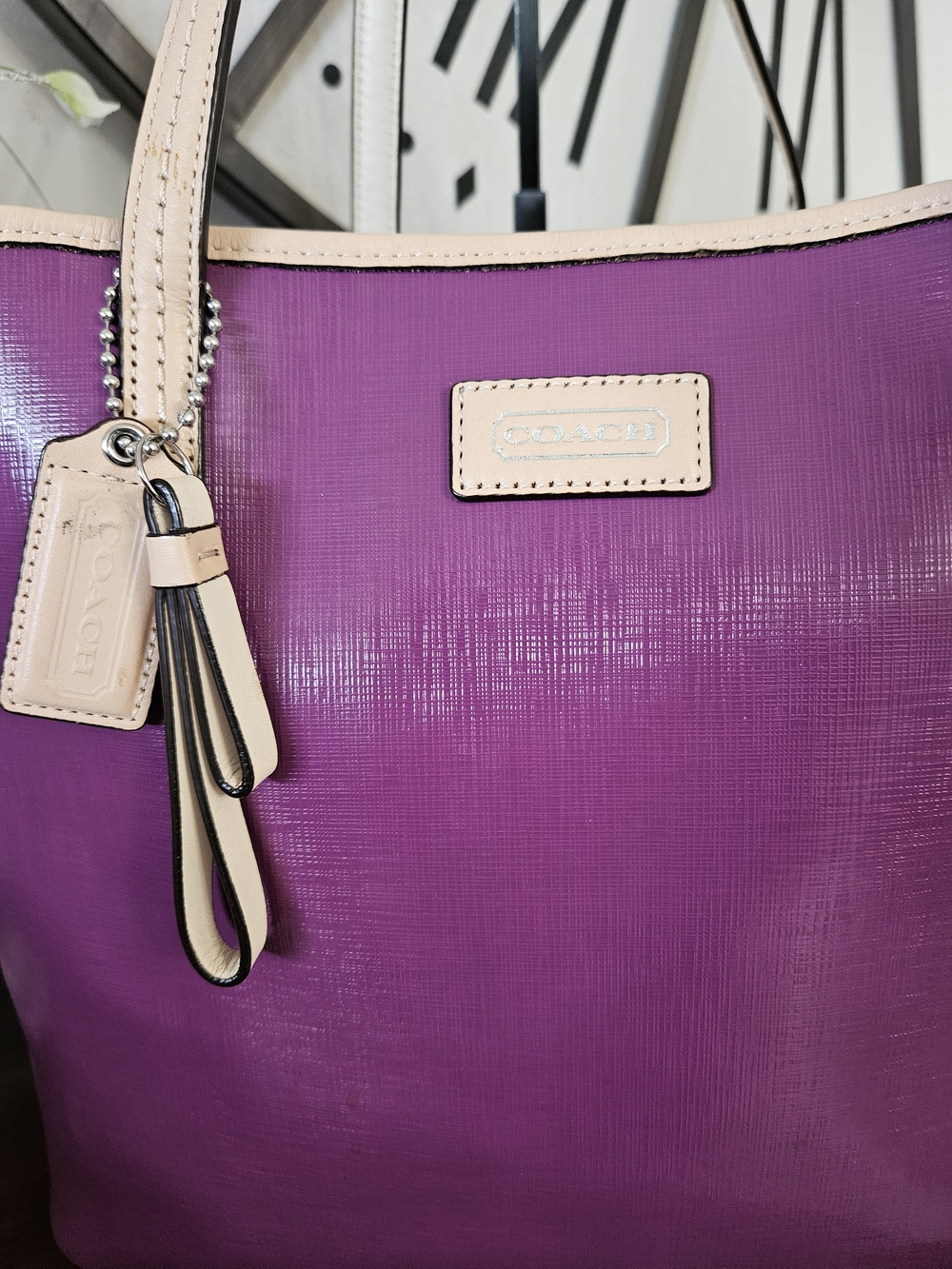 Coach Purple Patent Leather Tote with Beige Trim - Picture 9 of 9